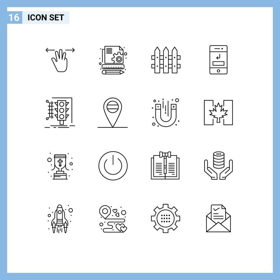 pictogramme ensemble de 16 contours simples de surveillance de la technologie de clôture de la ville éléments de conception vectoriels modifiables manqués vecteur