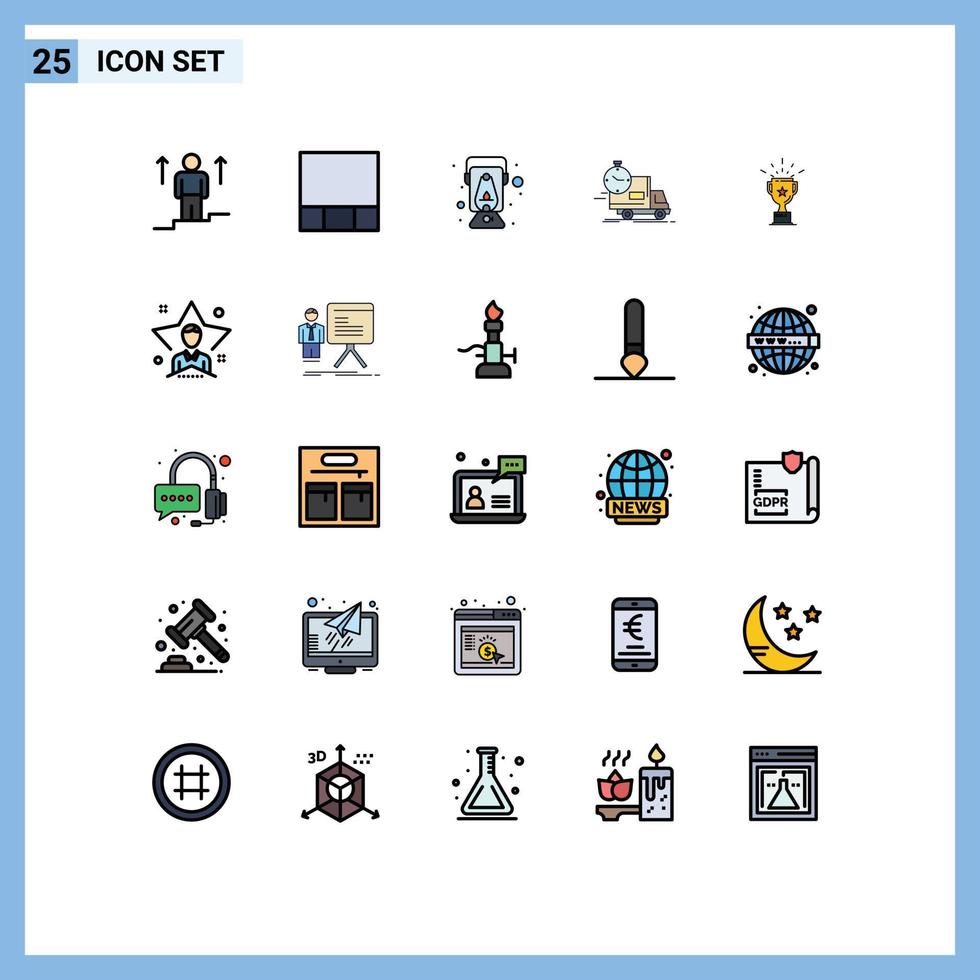 interface mobile ligne remplie couleur plate ensemble de 25 pictogrammes de médaille camion lanterne temps de transport éléments de conception vectoriels modifiables vecteur