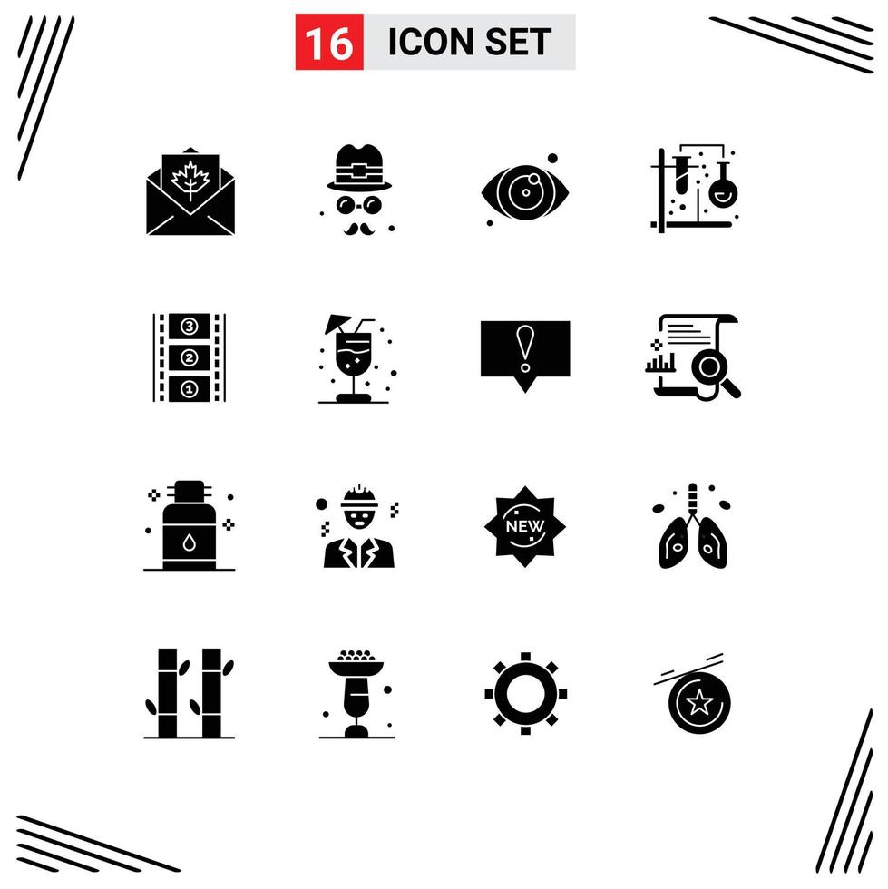 pack de 16 signes et symboles de glyphes solides modernes pour les supports d'impression Web tels que les tubes de formule de bobine de film chimie éléments de conception vectoriels modifiables vecteur