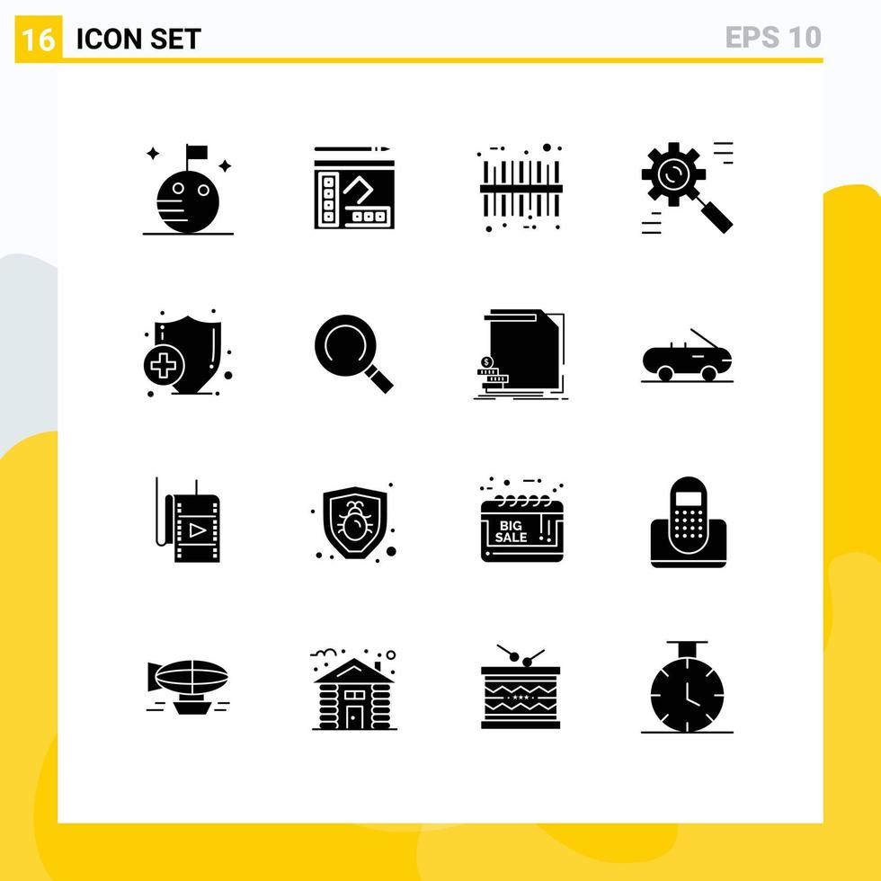 pack de glyphes solides de 16 symboles universels d'éléments de conception vectoriels modifiables de données de processus de code de santé médicale vecteur