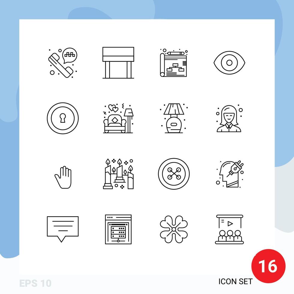 aperçu de l'interface mobile ensemble de 16 pictogrammes d'éléments de conception vectoriels modifiables de stratégie secrète de lampe science privée vecteur