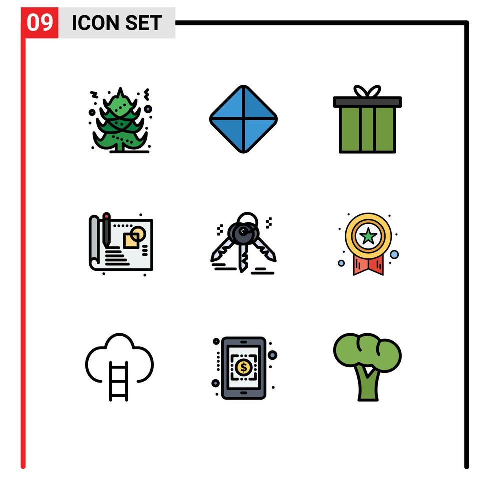 symboles d'icônes universels groupe de 9 couleurs plates de ligne de remplissage modernes de médaille immobilier clé de noël croquis éléments de conception vectoriels modifiables vecteur