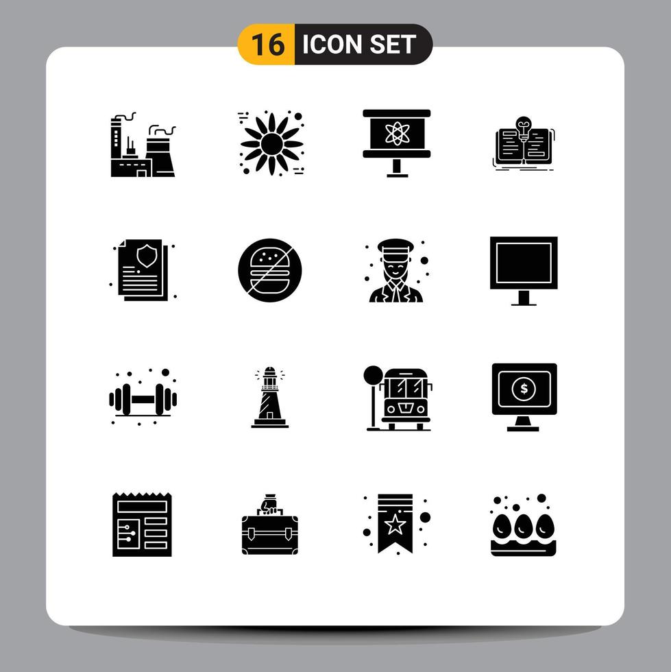 pack de 16 signes et symboles de glyphes solides modernes pour les supports d'impression Web tels que les éléments de conception vectoriels modifiables d'idée d'histoire de carte de garantie de document vecteur