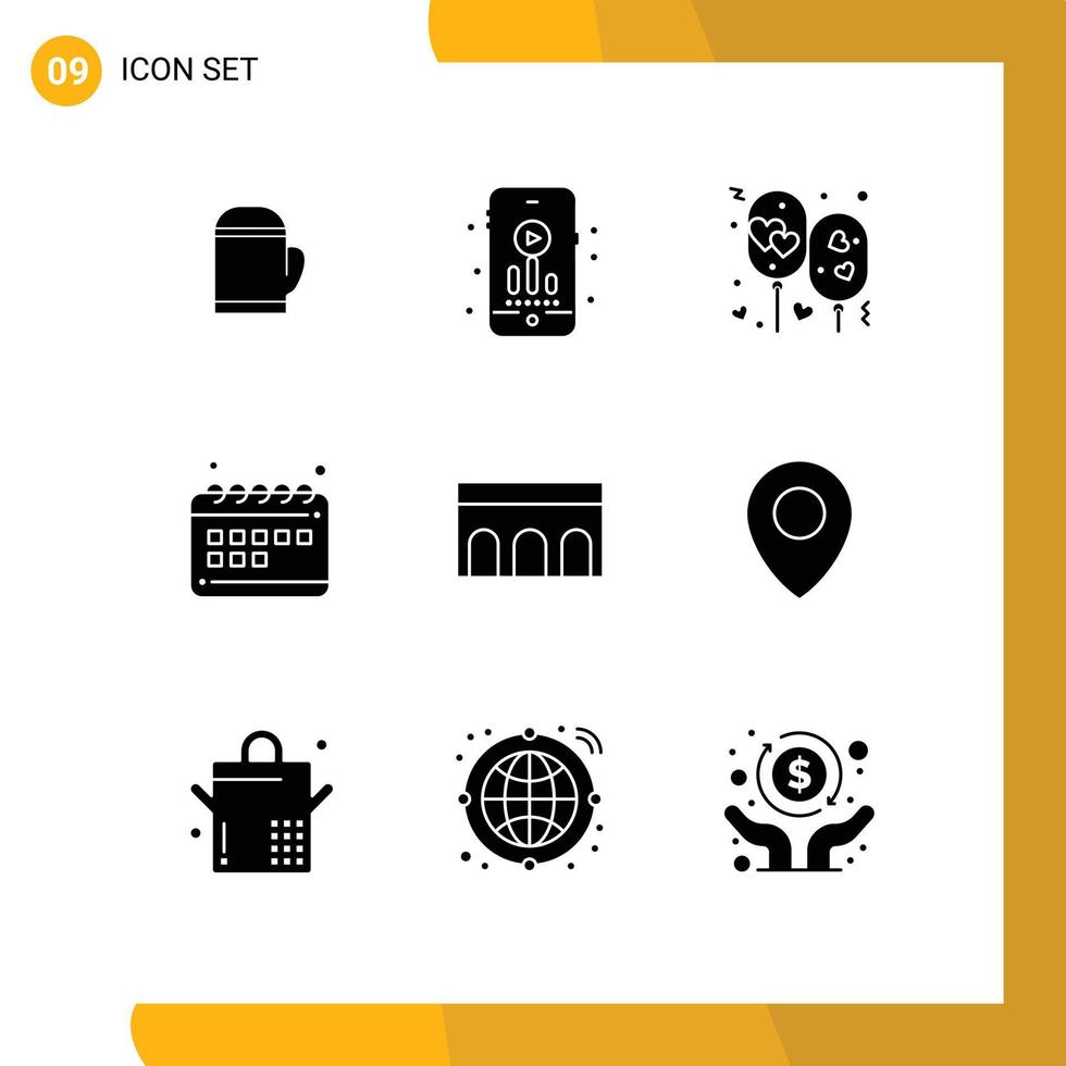pack de 9 signes et symboles de glyphes solides modernes pour les supports d'impression Web tels que le calendrier d'architecture calendrier de marketing de ballon éléments de conception vectoriels modifiables vecteur