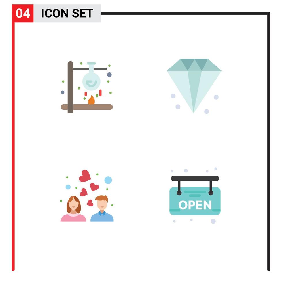 groupe de 4 icônes plates modernes définies pour les éléments de conception vectoriels modifiables de mariage de diamant de laboratoire de couple chimique vecteur