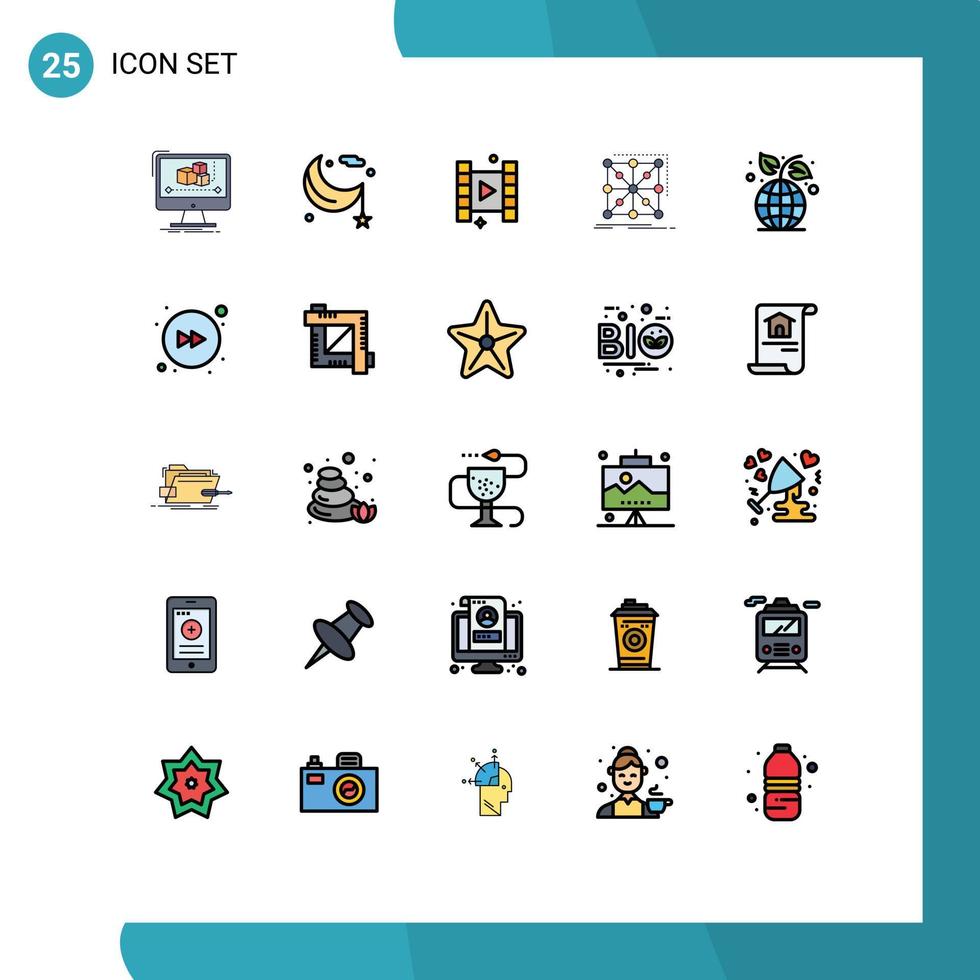 ensemble moderne de 25 pictogrammes de couleurs plates en ligne remplie d'éléments de conception vectoriels éditables de film de cadre de nuit d'application complexe vecteur