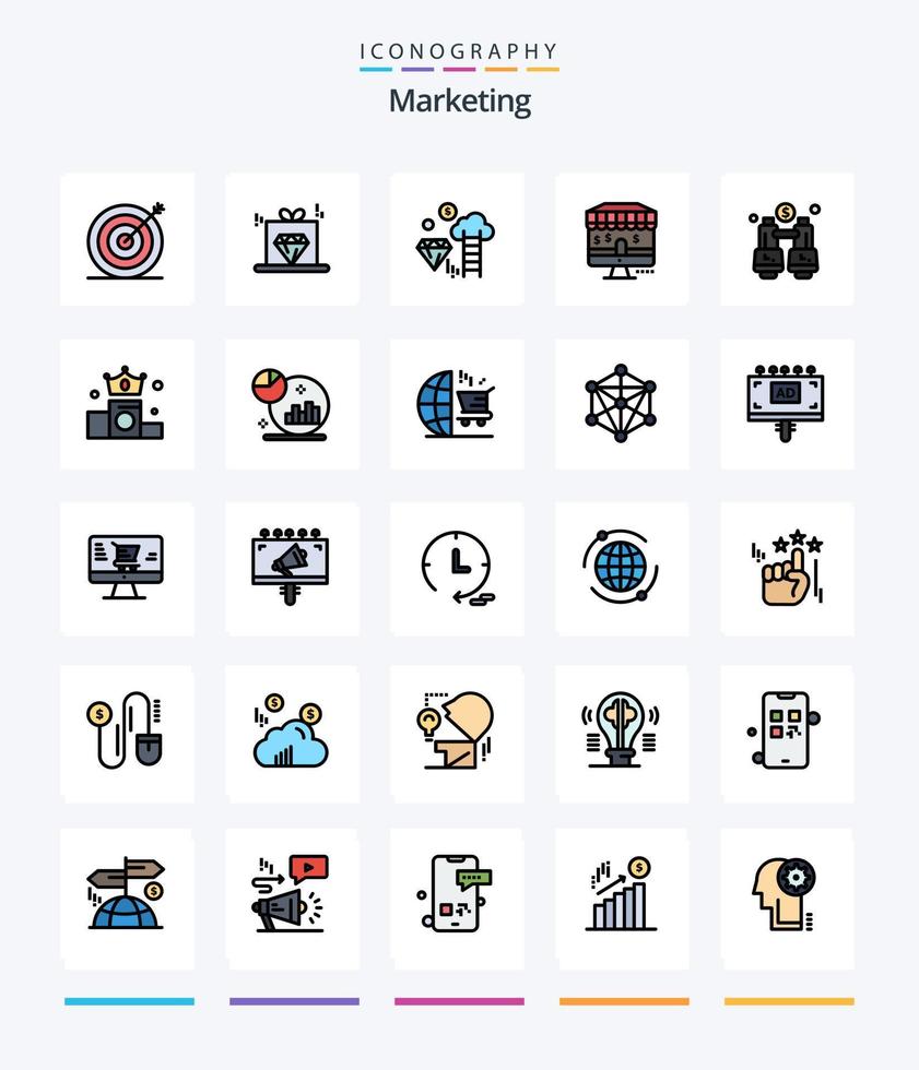 pack d'icônes rempli de 25 lignes de marketing créatif tel que trouver. jumelles. dimond. boutique. en ligne vecteur