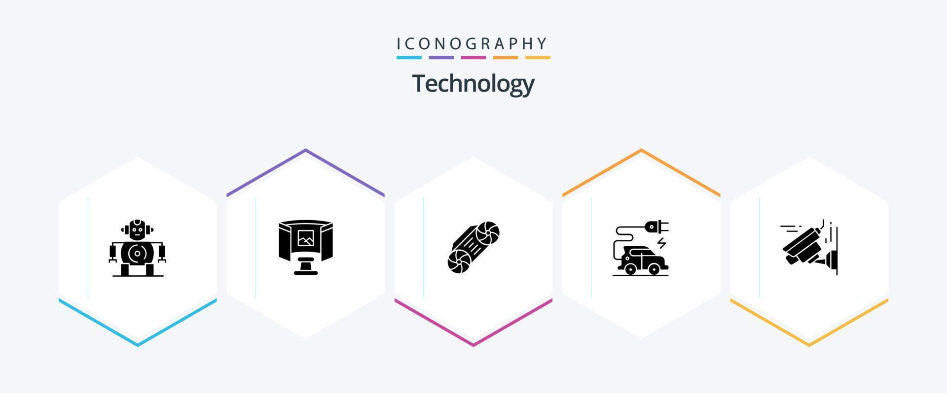 technologie pack d'icônes de 25 glyphes comprenant. technologie. musique. image. véhicule électrique vecteur