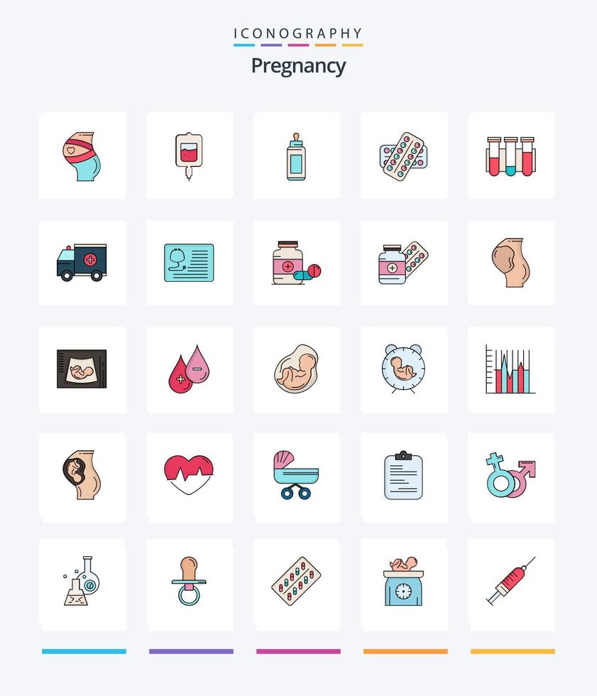 pack d'icônes remplies de 25 lignes de grossesse créative telles que la médecine. lait. test de sucre. bébé. bouteille vecteur