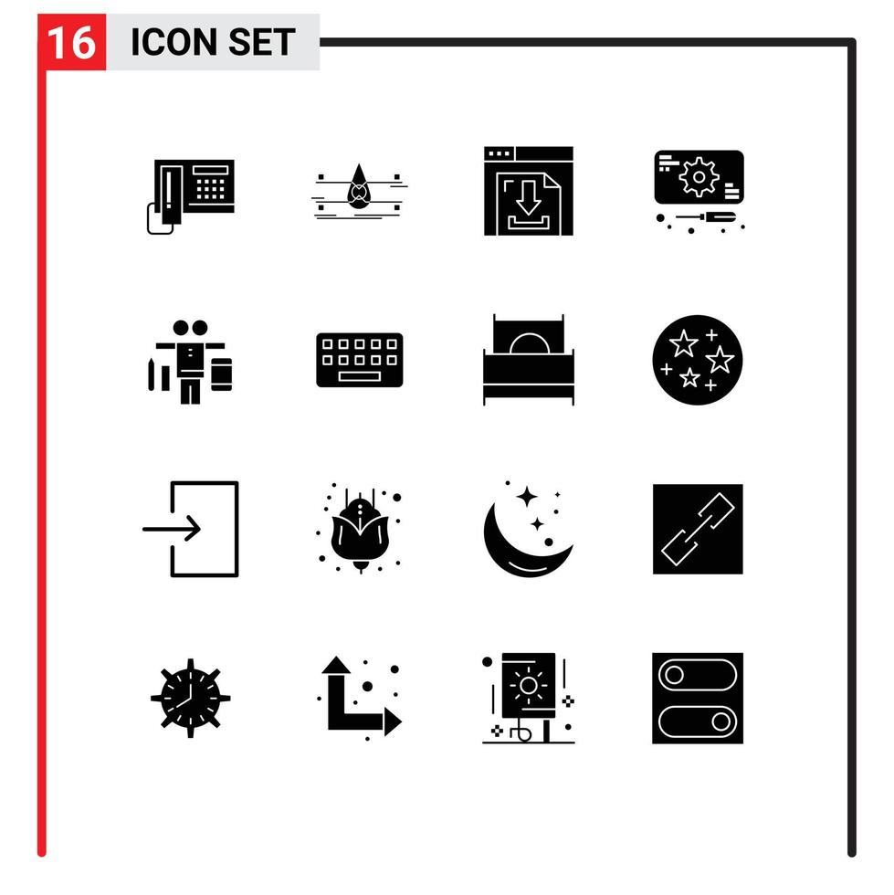 groupe de 16 signes et symboles de glyphes solides pour les réparations d'équilibre éléments de conception vectoriels modifiables multimédia de récupération de ville intelligente vecteur