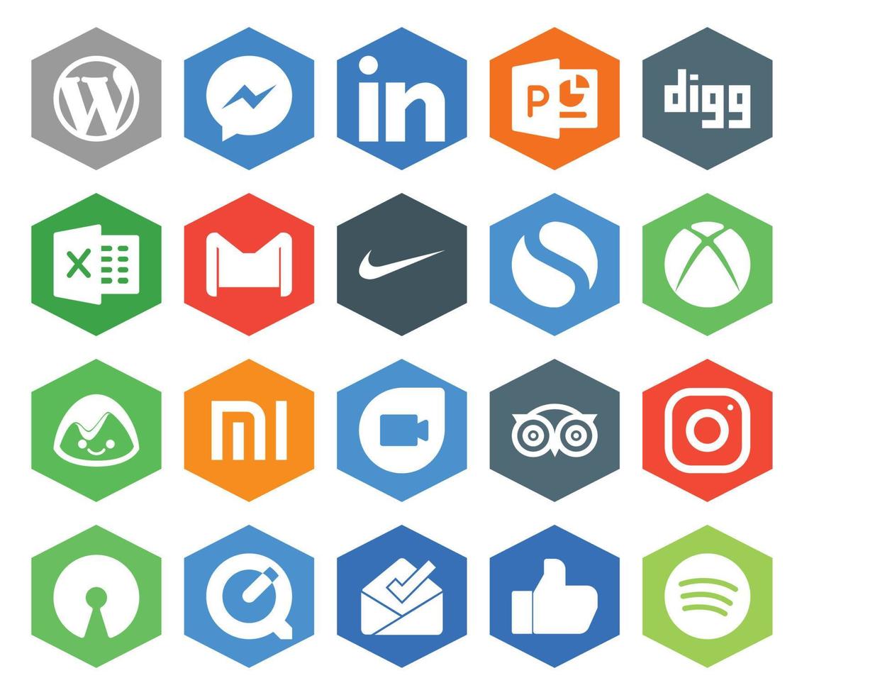 pack de 20 icônes de médias sociaux, y compris voyage google duo email xiaomi xbox vecteur