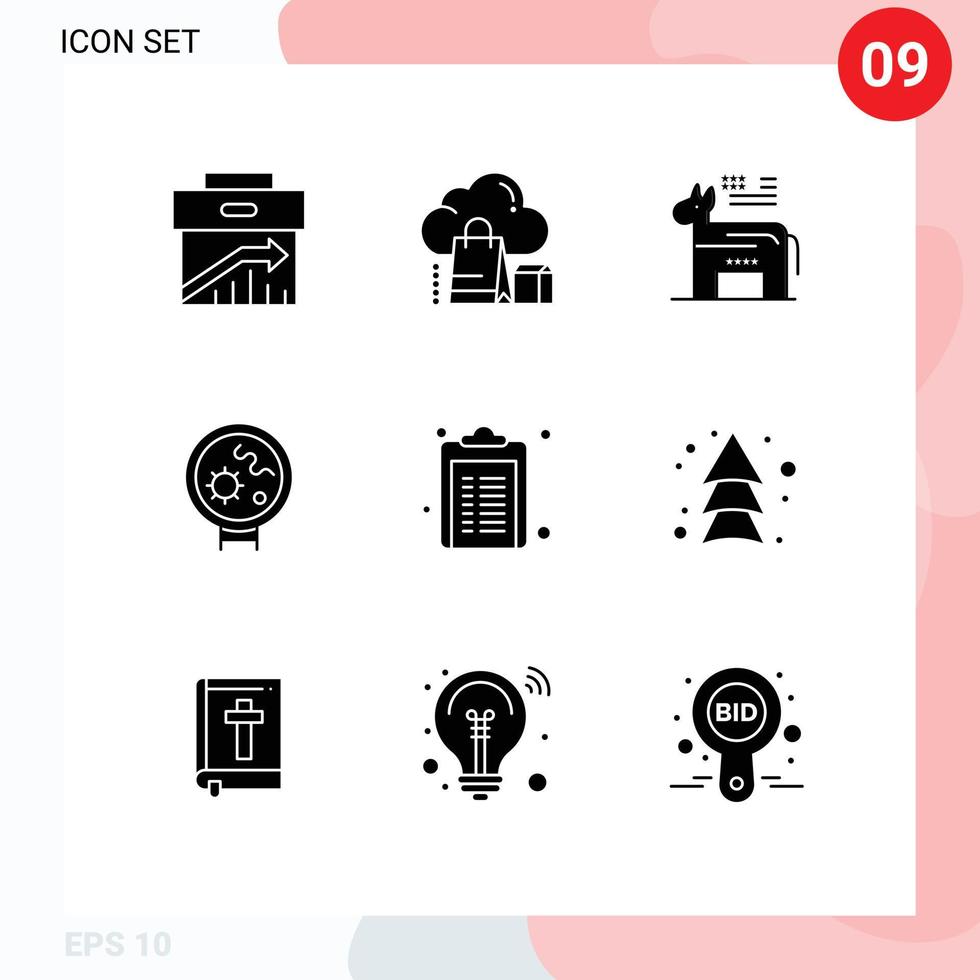 9 interface utilisateur pack de glyphes solides de signes et symboles modernes de virus de recherche sac bactéries éléments de conception vectoriels modifiables politiques vecteur
