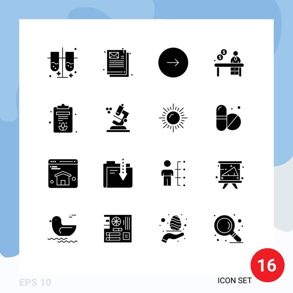 16 glyphes solides universels définis pour les applications web et mobiles réception du conseil d'administration éléments de conception vectoriels modifiables pour les entreprises de bureau vecteur