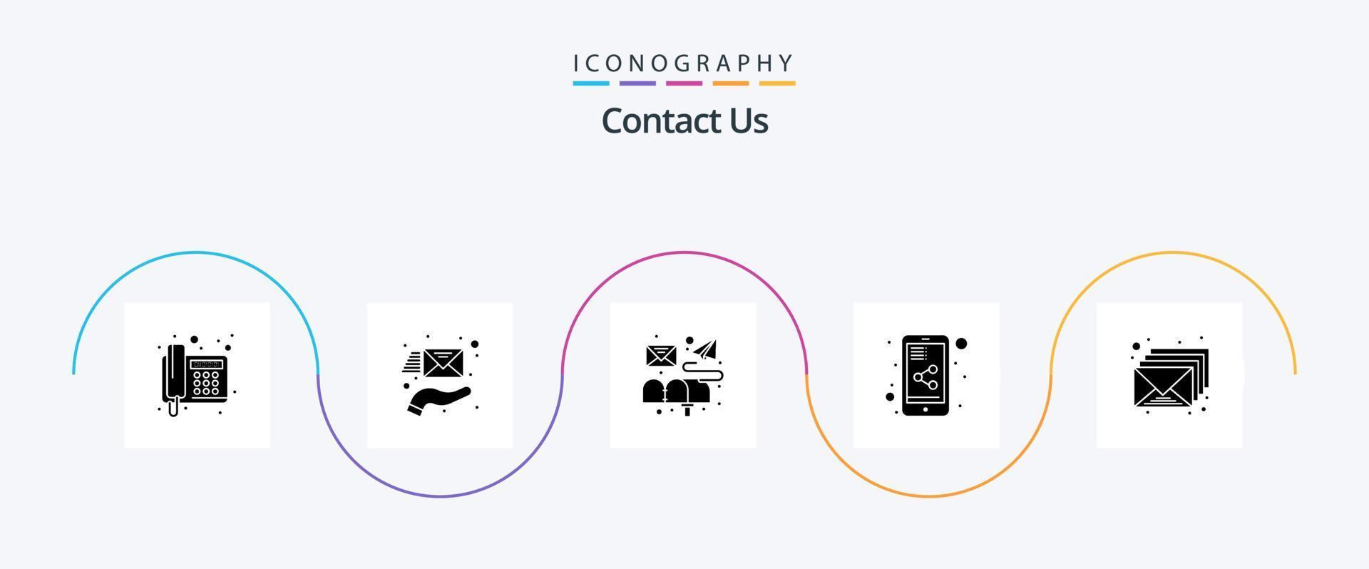 contactez-nous pack d'icônes glyphe 5, y compris le courrier. e-mail. boîte. partage mobile. partager vecteur