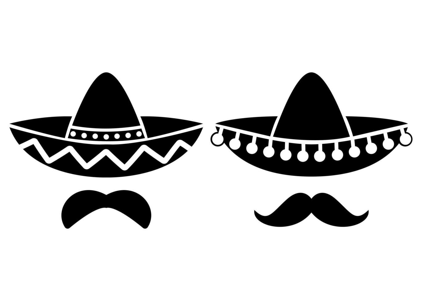 icônes noires de chapeau mexicain. symbole de moustache plate isolé sur blanc. illustration vectorielle vecteur