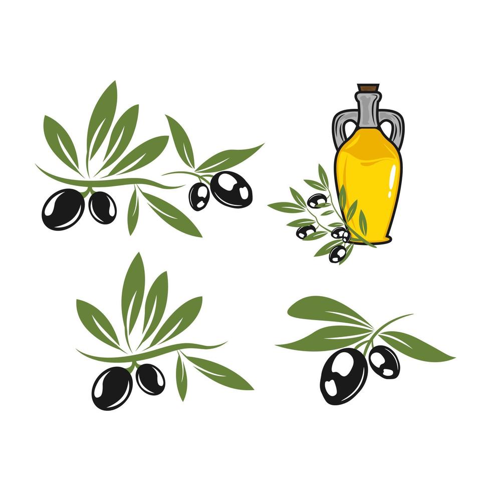 création vectorielle de modèle de logo d'olive à l'huile, symboles d'olives pour la cuisson extra vierge ou la conception d'huile de salade. branches d'olivier noir et vert pour étiquette de bouteille biologique naturelle. vecteur