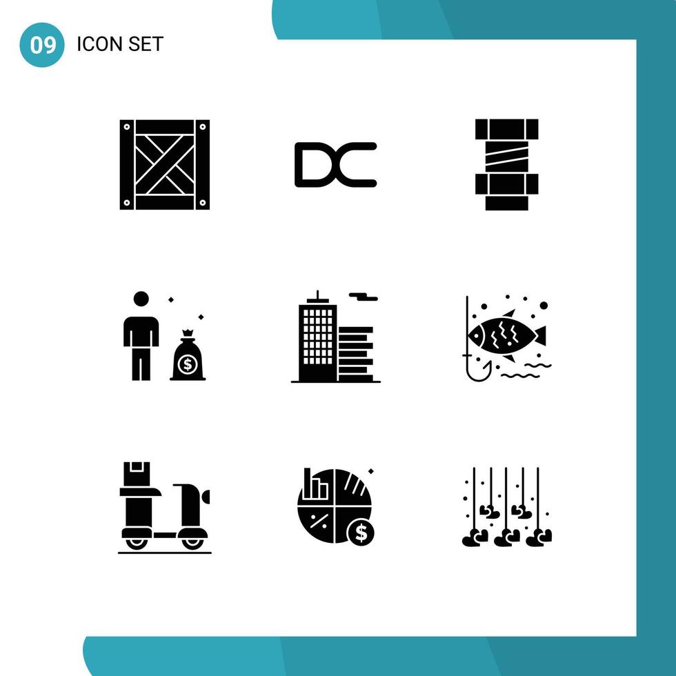 interface mobile glyphe solide ensemble de 9 pictogrammes d'éléments de conception vectoriels modifiables d'investisseur de construction de société de poisson vecteur