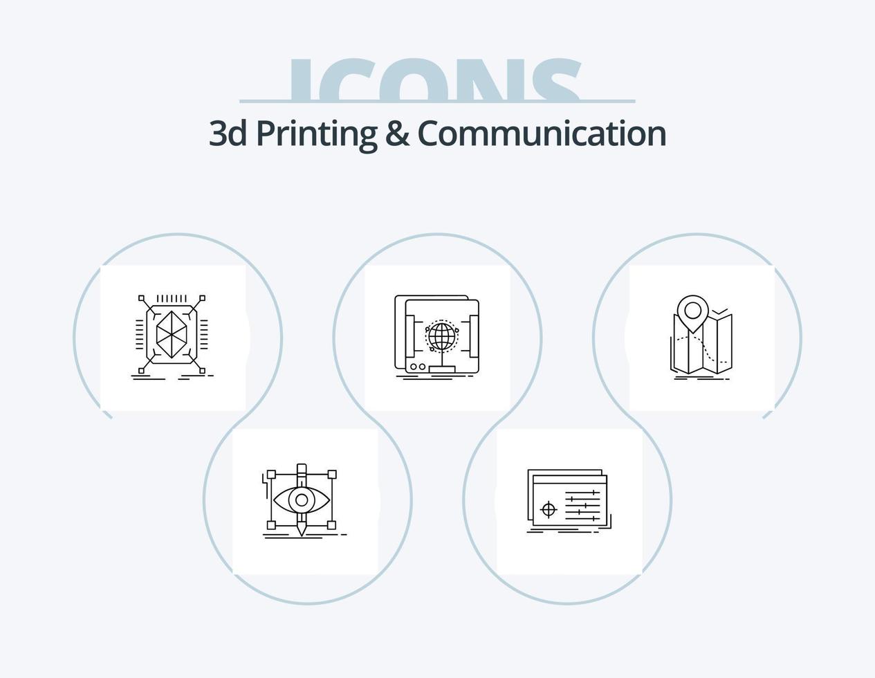 Pack d'icônes de ligne d'impression et de communication 3d 5 conception d'icônes. réseau. mondial. formation. données. téléphone intelligent vecteur