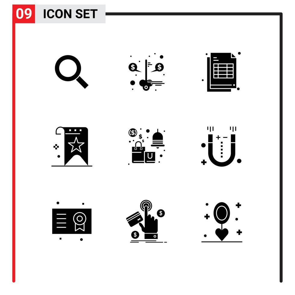 pack d'interface utilisateur de 9 glyphes solides de base d'éléments de conception vectoriels modifiables de signet de qualité de facture de classement d'alerte vecteur