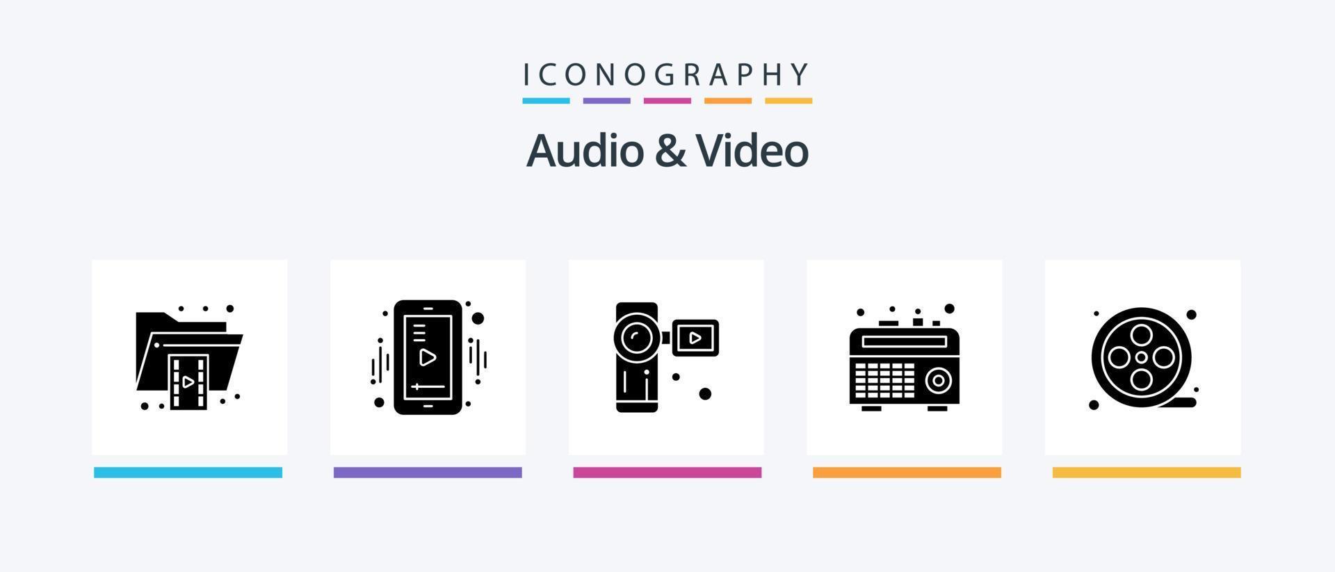 pack d'icônes audio et vidéo glyph 5 comprenant une bobine de film. enregistreur. vidéo. radio. caméra vidéo. conception d'icônes créatives vecteur
