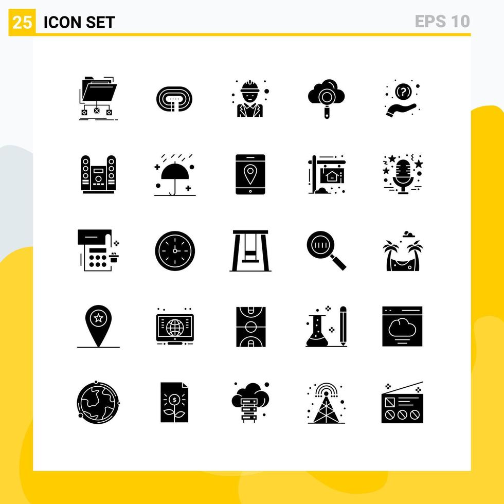 ensemble moderne de 25 glyphes et symboles solides tels que trouver des éléments de conception vectoriels modifiables de travail de nuage de piste informatique vecteur