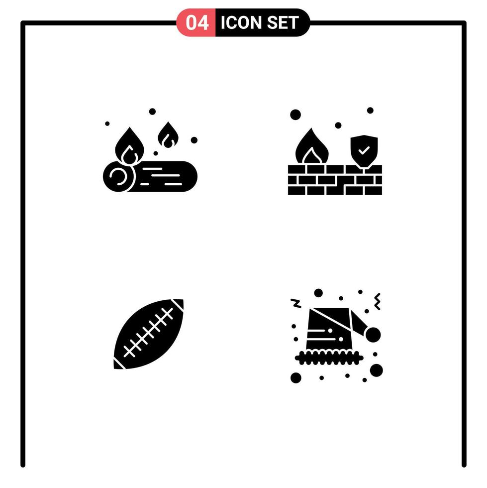 ensemble de 4 pack de glyphes solides commerciaux pour les éléments de conception vectoriels modifiables de ballon de rugby de mur de feu de football de camp vecteur