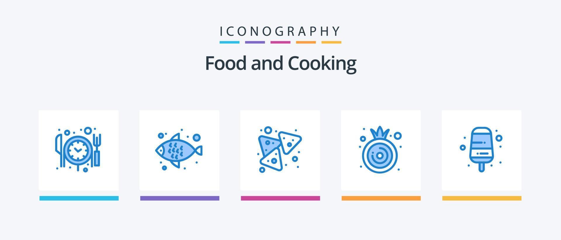 pack d'icônes bleu alimentaire 5 comprenant. glace. Nachos. nourriture. légume. conception d'icônes créatives vecteur