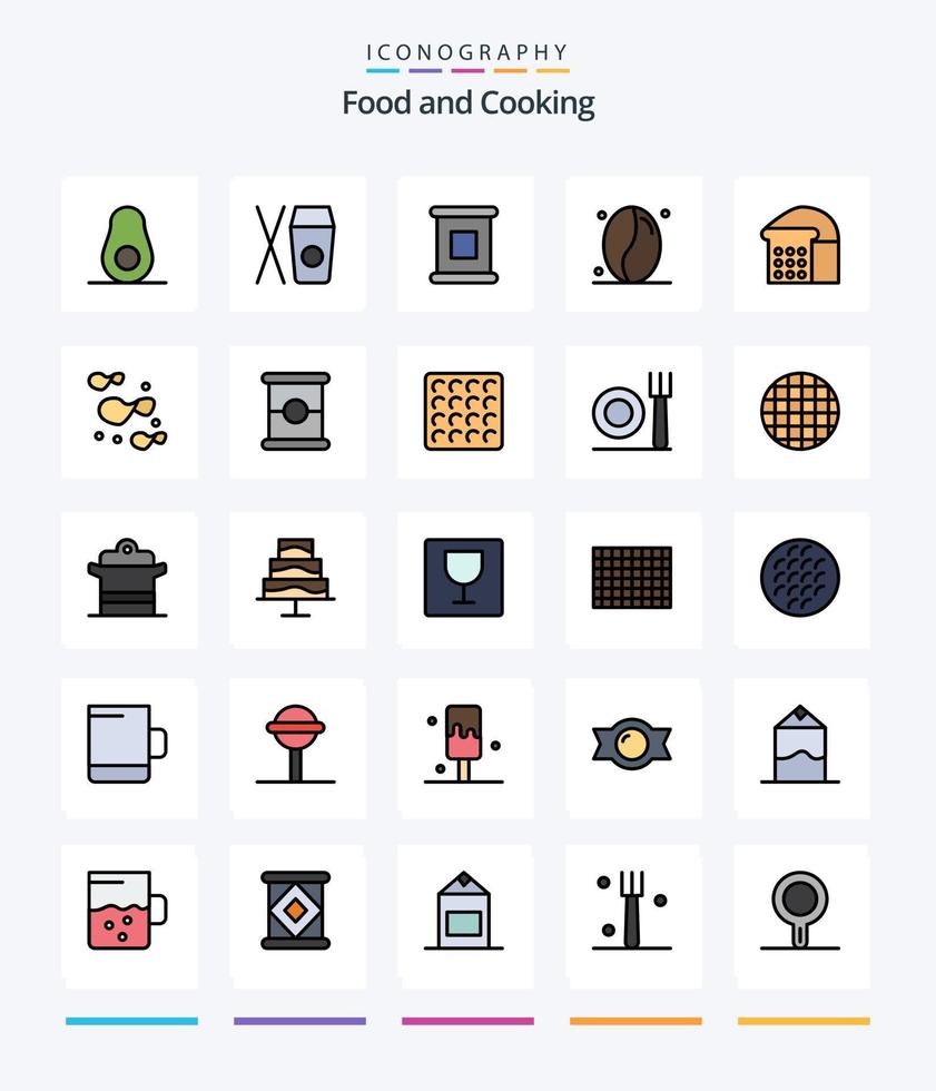 pack d'icônes remplies de 25 lignes de nourriture créative telles que la pomme de terre. puces. conserves. miche de pain. pain vecteur