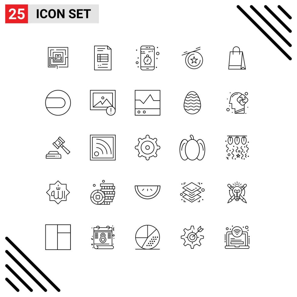 groupe de 25 lignes de signes et de symboles pour les éléments de conception vectoriels modifiables de smartphone d'affaires de médaille de sac à main vecteur