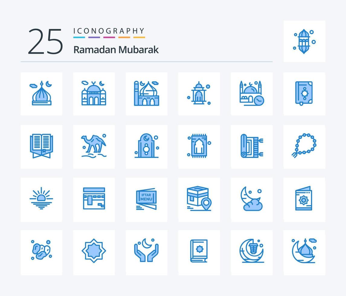 pack d'icônes de couleur bleue ramadan 25, y compris un animal. chameau. prier. signet. Islam vecteur