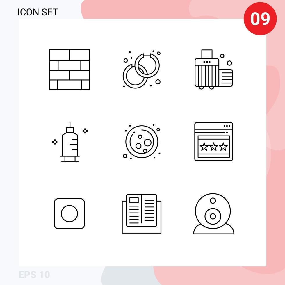 symboles d'icônes universels groupe de 9 contours modernes de sac de seringue de molécule pharmacie chimie éléments de conception vectoriels modifiables vecteur