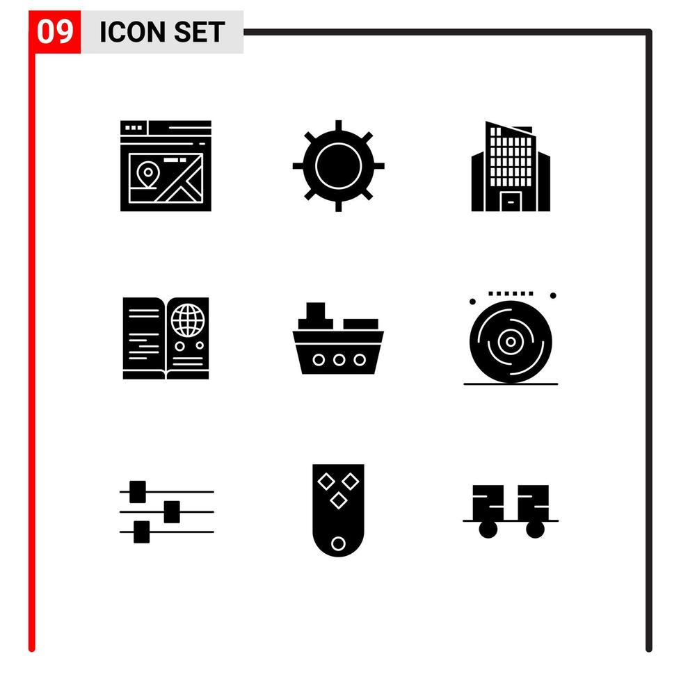 interface utilisateur pack de 9 glyphes solides de base d'éléments de conception vectoriels modifiables d'identification de voyage de construction internationale marine vecteur