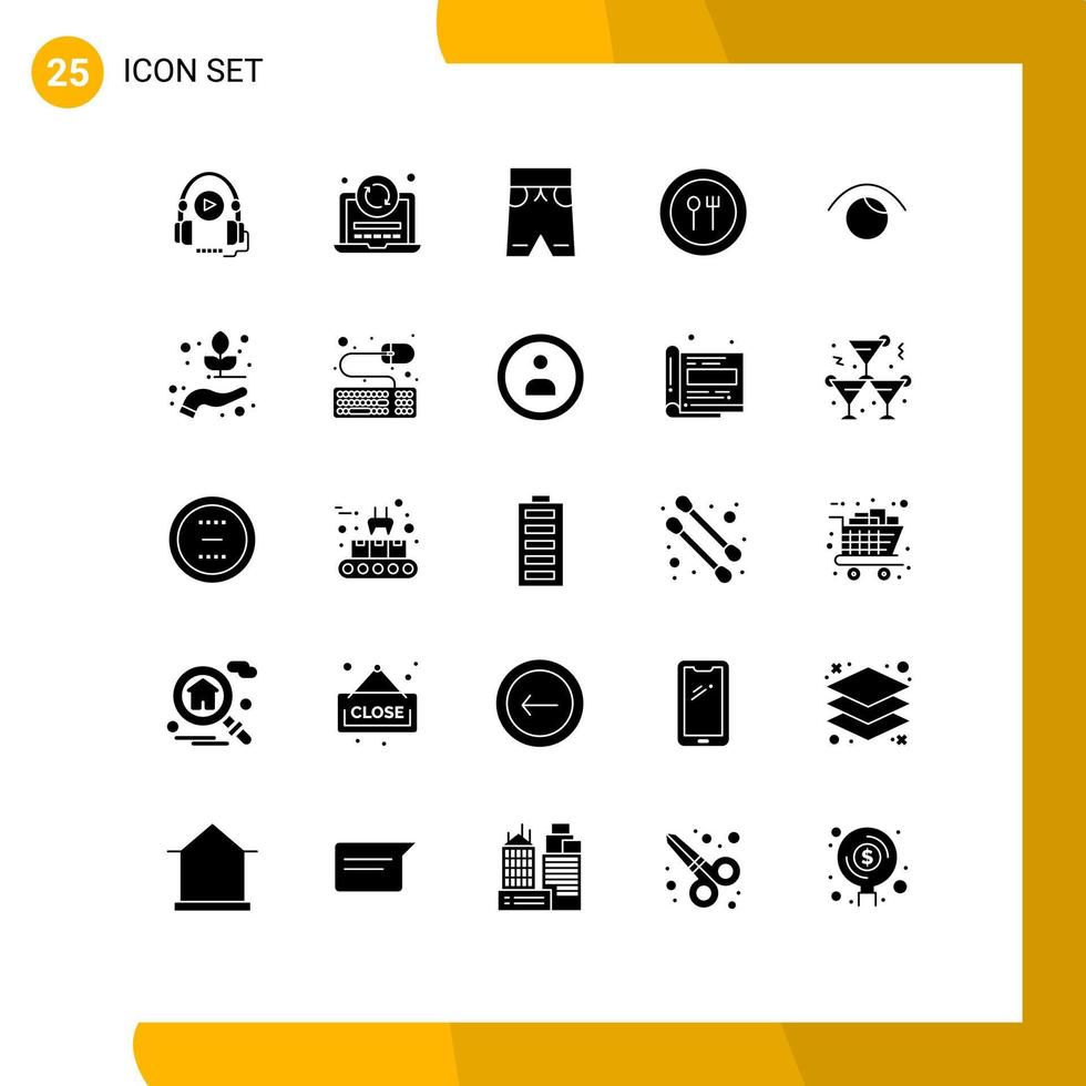 interface mobile glyphe solide ensemble de 25 pictogrammes d'éléments de conception vectoriels modifiables de nourriture de couteau de plage de vue vecteur