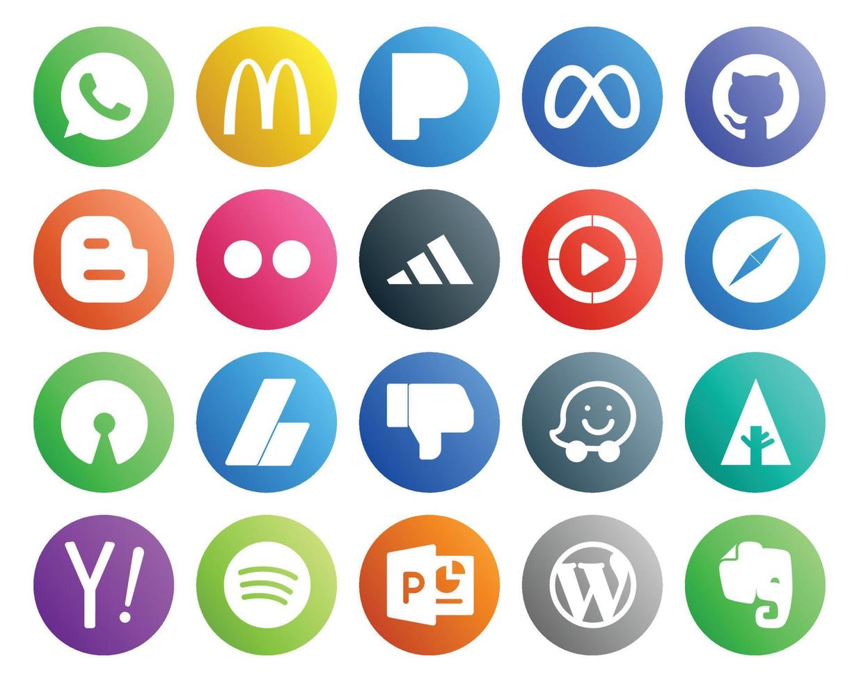 Pack de 20 icônes de médias sociaux, y compris les publicités waze, le navigateur adidas adsense vecteur