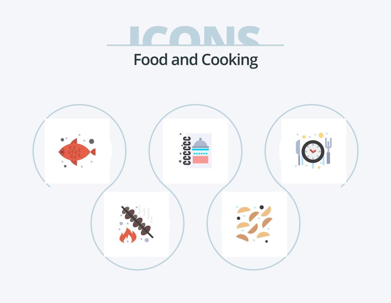 pack d'icônes plates alimentaires 5 conception d'icônes. . réservation. fruit de mer. nourriture. livre de menus vecteur