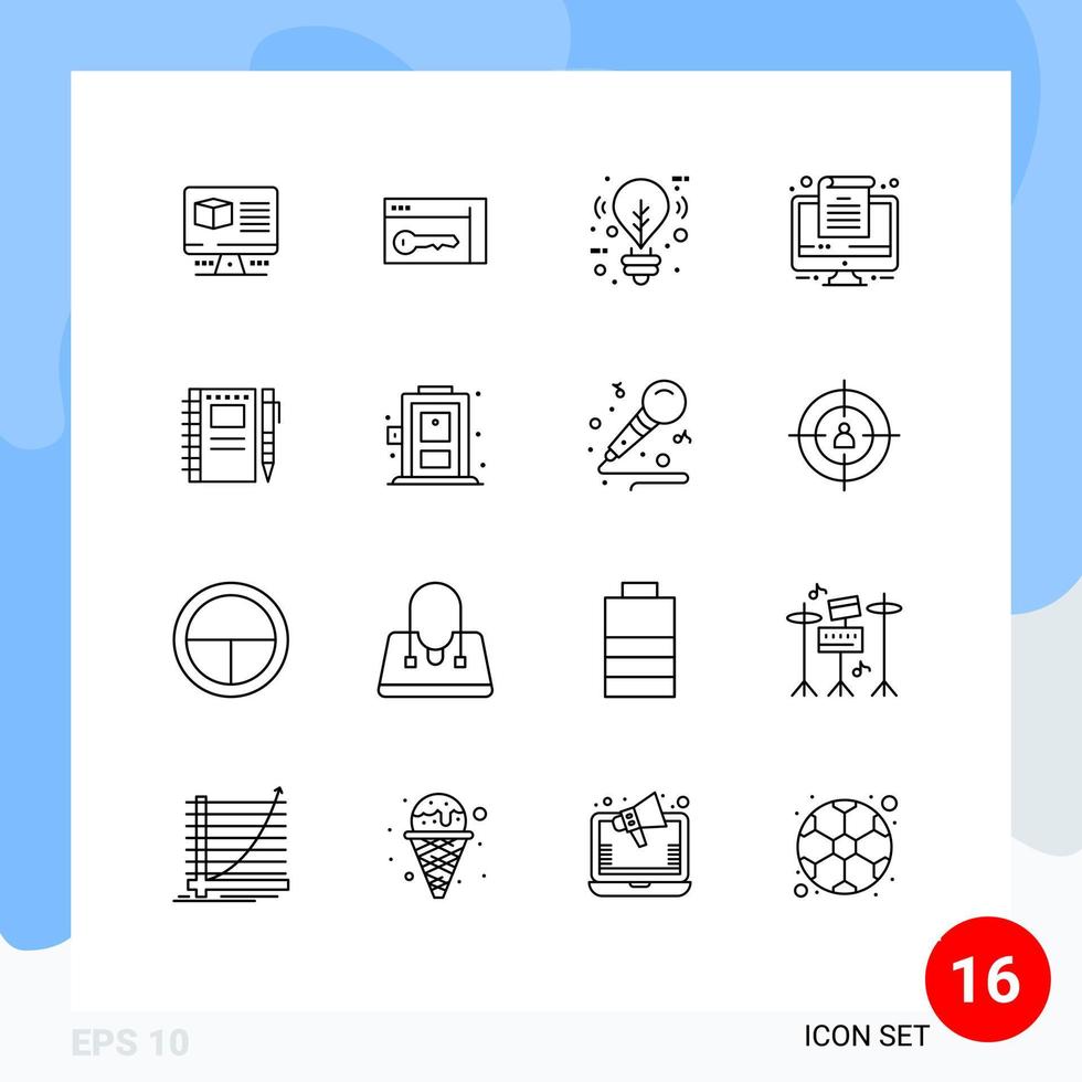 pictogramme ensemble de 16 contours simples d'ordinateur portable esquisse ordinateur portable ampoule bureau éléments de conception vectoriels modifiables vecteur