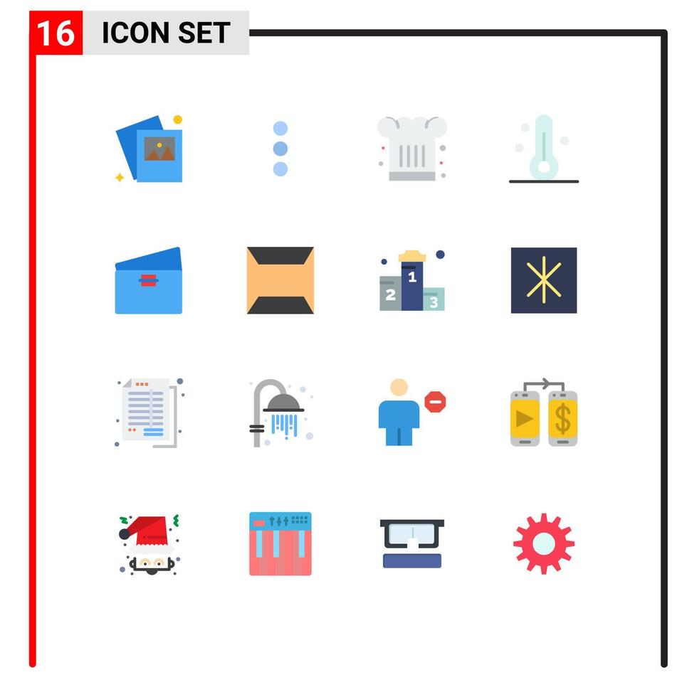 pack de 16 signes et symboles de couleurs plates modernes pour les supports d'impression Web tels que le chapeau de chef de crédit mondial température météo modifiable pack d'éléments de conception de vecteur créatif