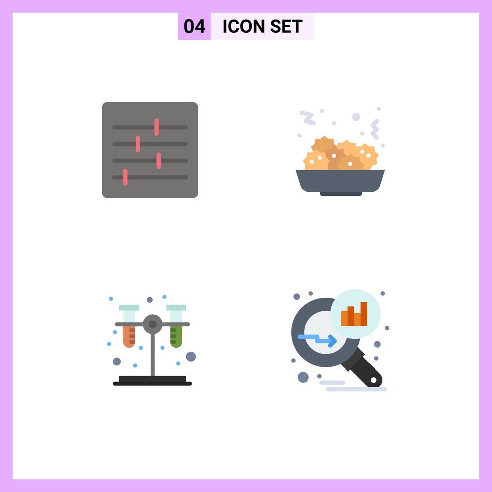 ensemble de pictogrammes de 4 icônes plates simples de données de contrôle analysant le graphique de la chimie de la salade grossissant les éléments de conception vectoriels modifiables vecteur