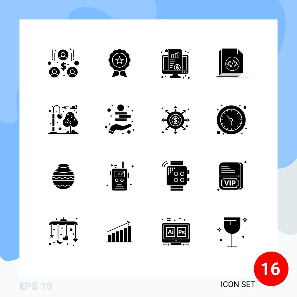 ensemble moderne de 16 glyphes et symboles solides tels que le tableau de bord de fichier de script codant des éléments de conception vectoriels modifiables en argent vecteur
