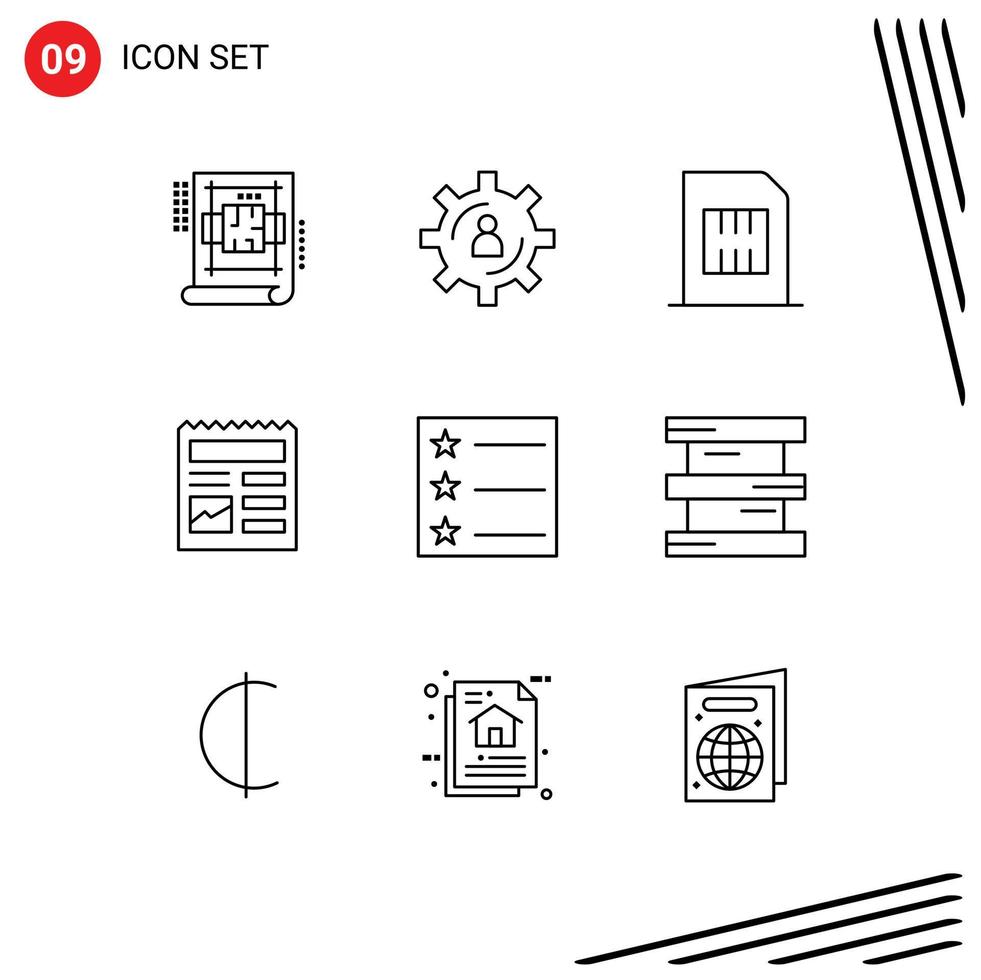 pack de lignes vectorielles modifiables de 9 contours simples d'éléments de conception de vecteur modifiables mobiles de document de productivité de base d'image