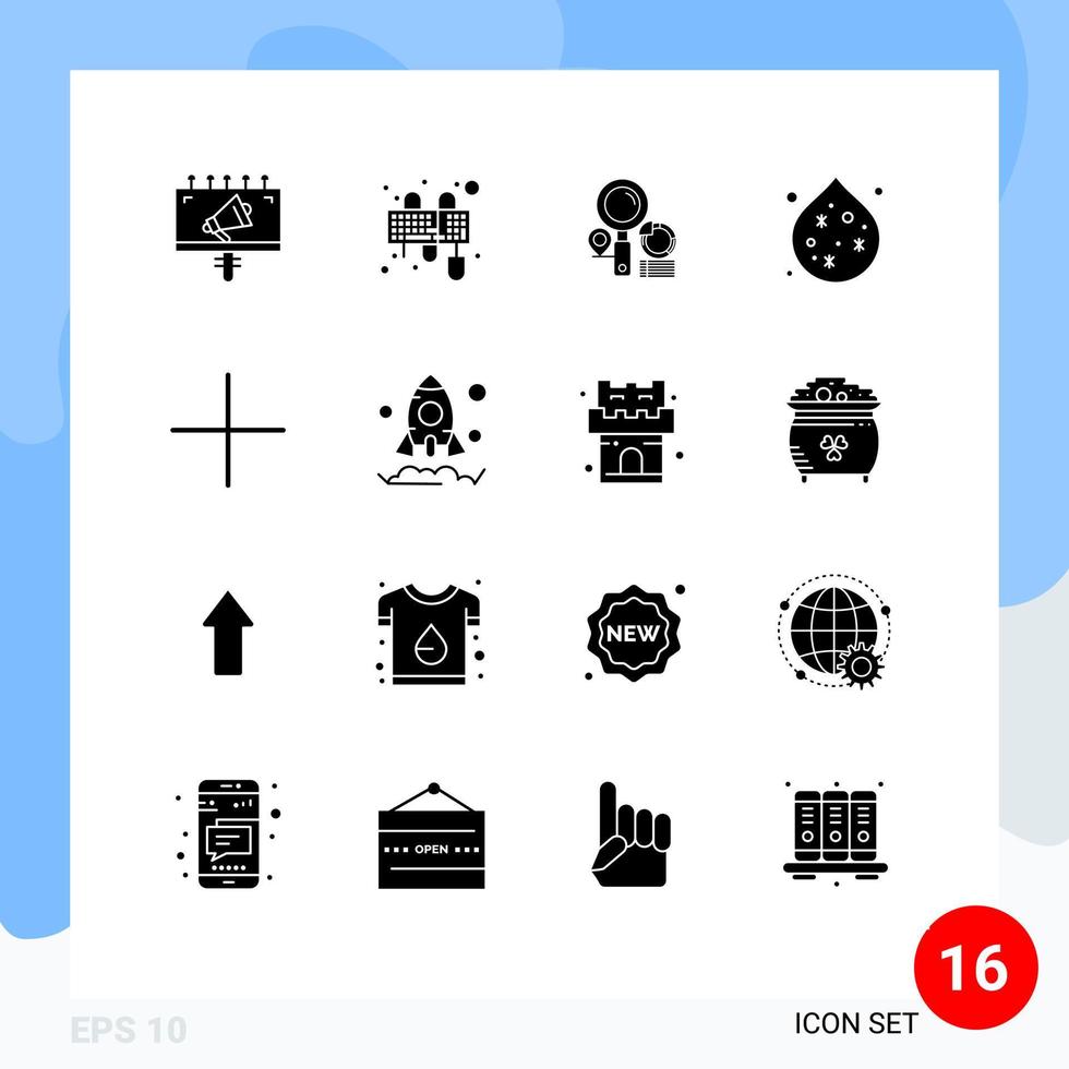 16 ensembles de glyphes solides universels pour les applications web et mobiles, ainsi que des éléments de conception vectoriels modifiables pour la recherche sur la pollution de l'eau vecteur