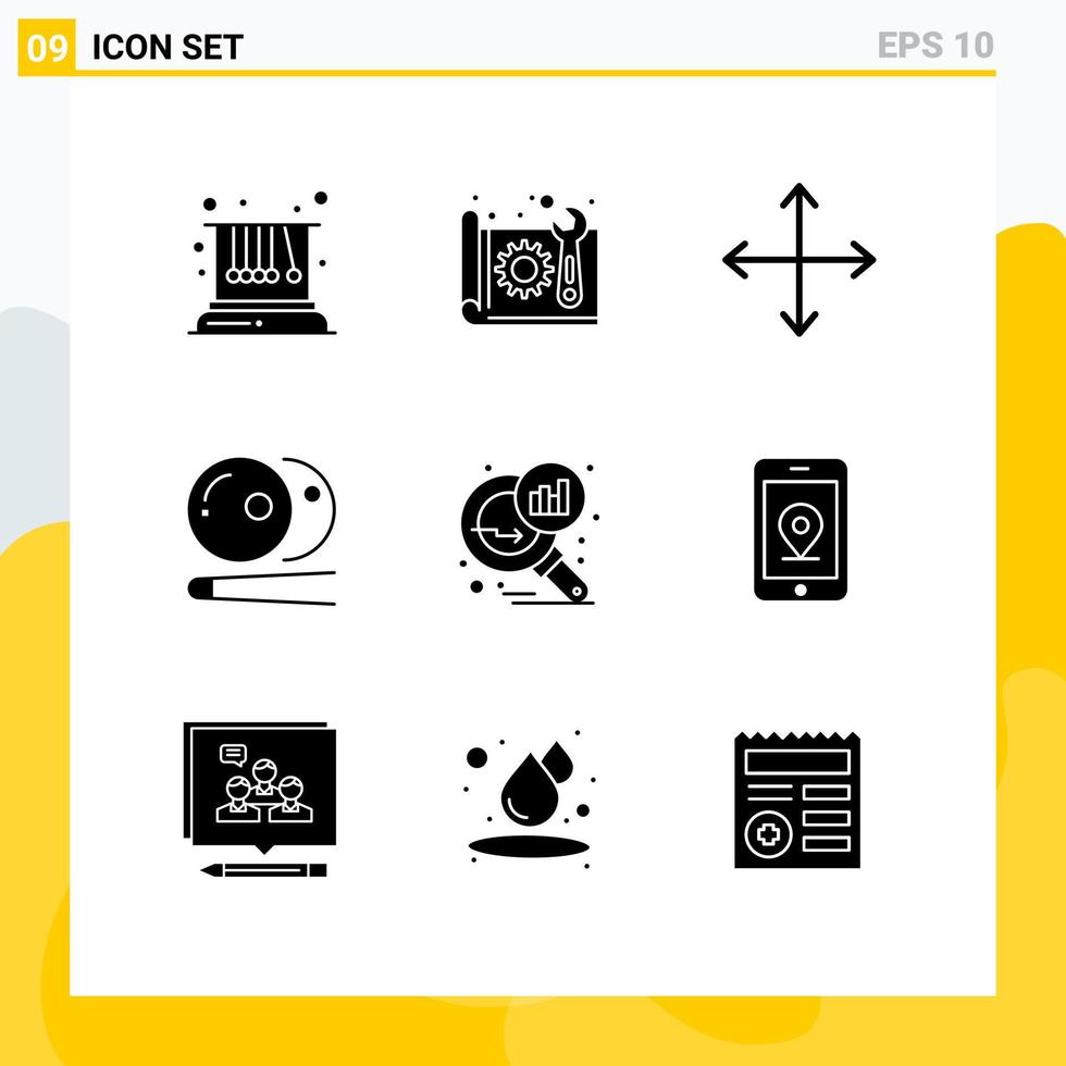 ensemble moderne de 9 glyphes et symboles solides tels que l'analyse de données plan de billard pool opposés éléments de conception vectoriels modifiables vecteur