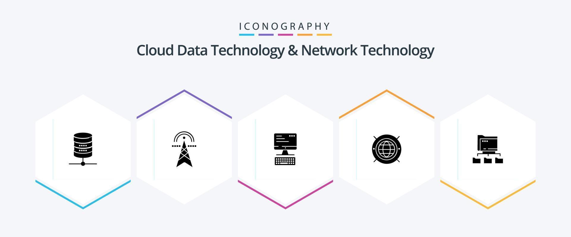 technologie de données en nuage et technologie de réseau pack d'icônes de 25 glyphes comprenant un dossier. monde. l'informatique. la toile . l'informatique vecteur