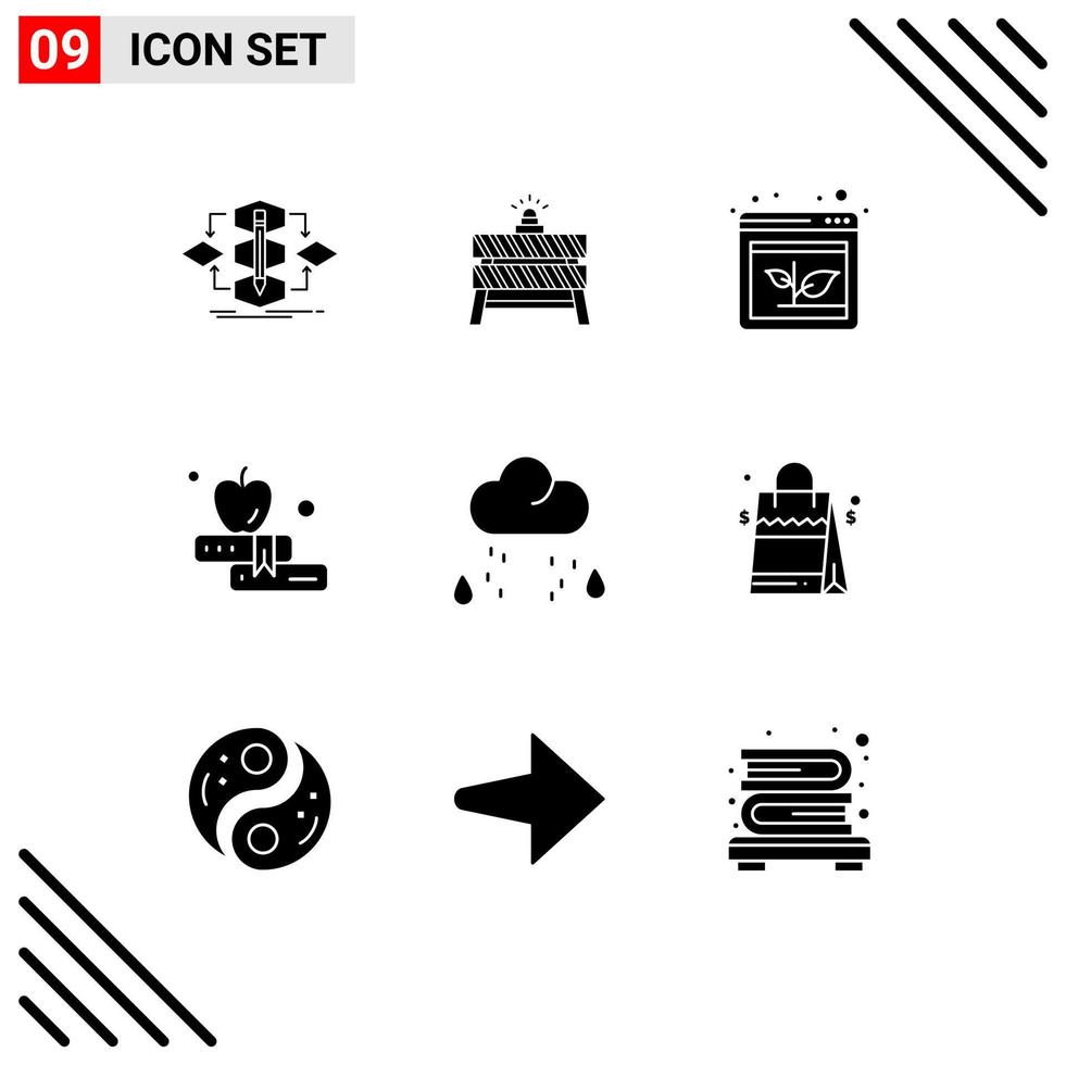 ensemble moderne de 9 pictogrammes de glyphes solides d'éléments de conception vectoriels modifiables de croissance de pomme fermée livre nuage vecteur