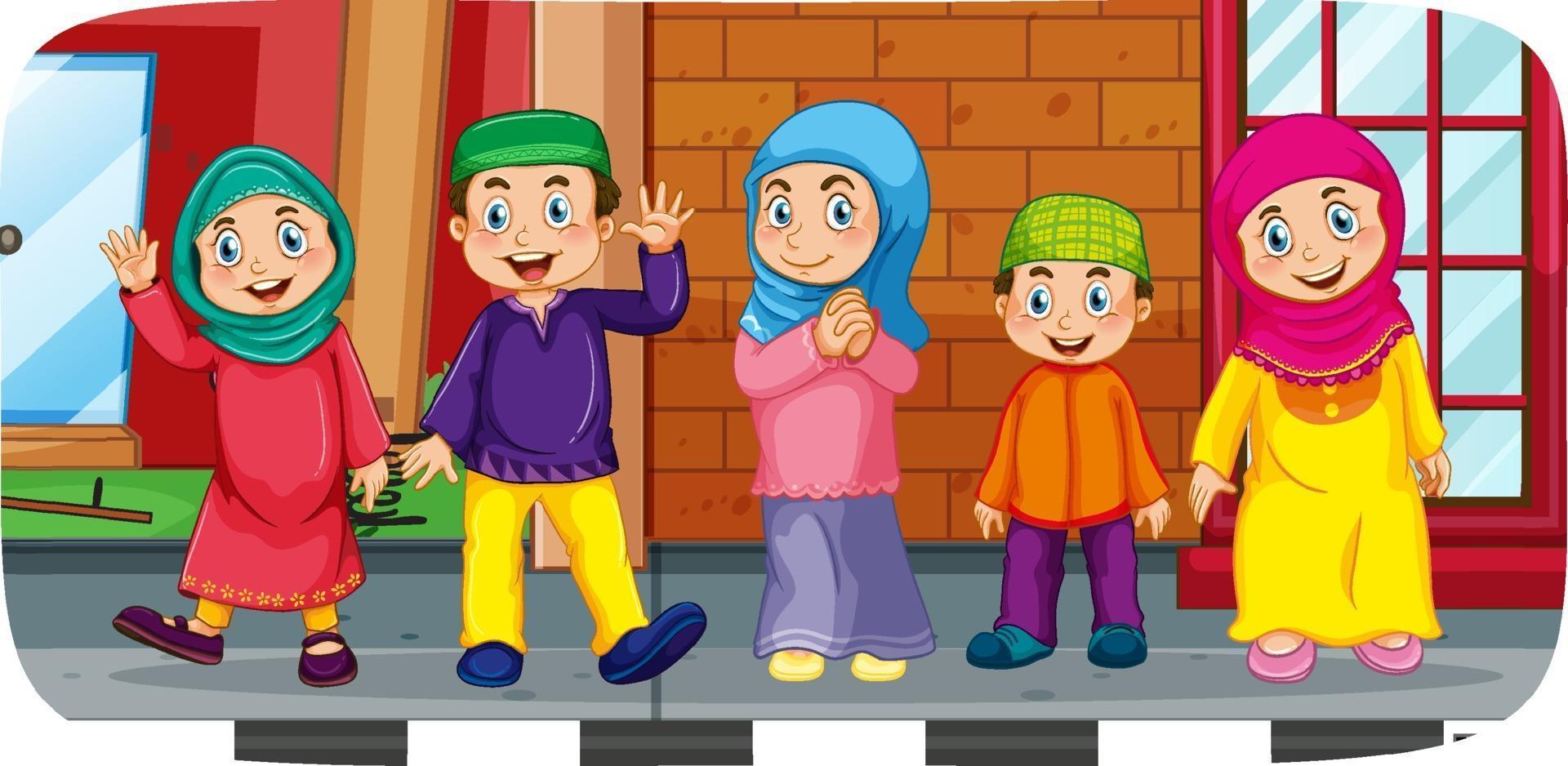 scène en plein air avec de nombreux personnages de dessins animés d'enfants musulmans vecteur