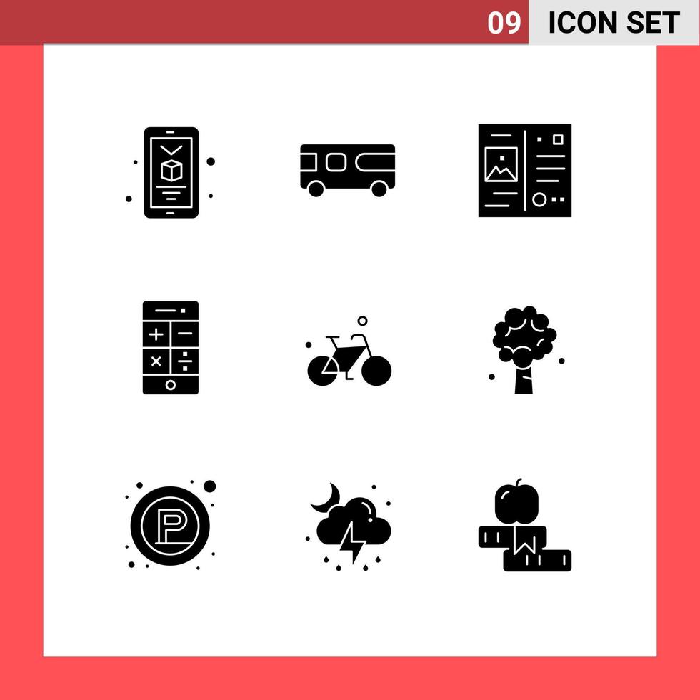 pack de lignes vectorielles modifiables de 9 glyphes solides simples de technologie de carte postale de vélo de cycle éléments de conception vectorielle modifiables en mathématiques vecteur