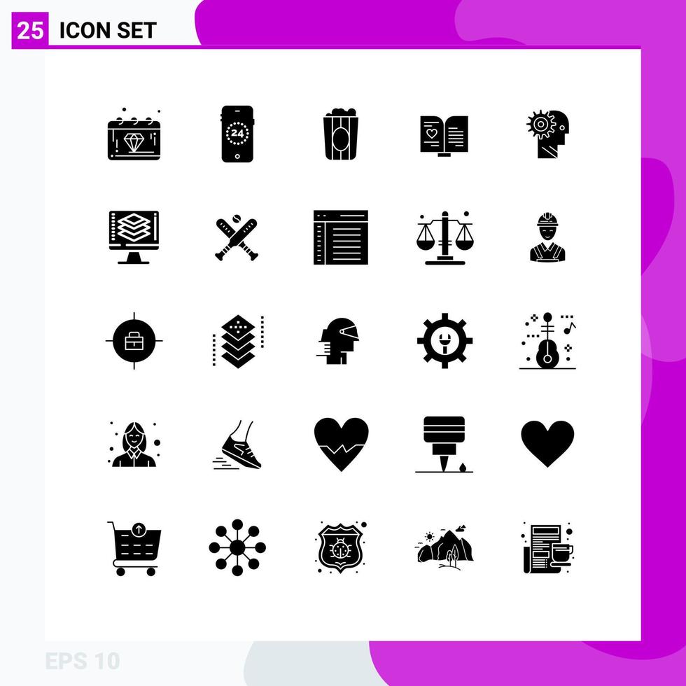 interface mobile glyphe solide ensemble de 25 pictogrammes d'éléments de conception vectoriels modifiables de livre de coeur de cinéma de mariage de cerveau vecteur
