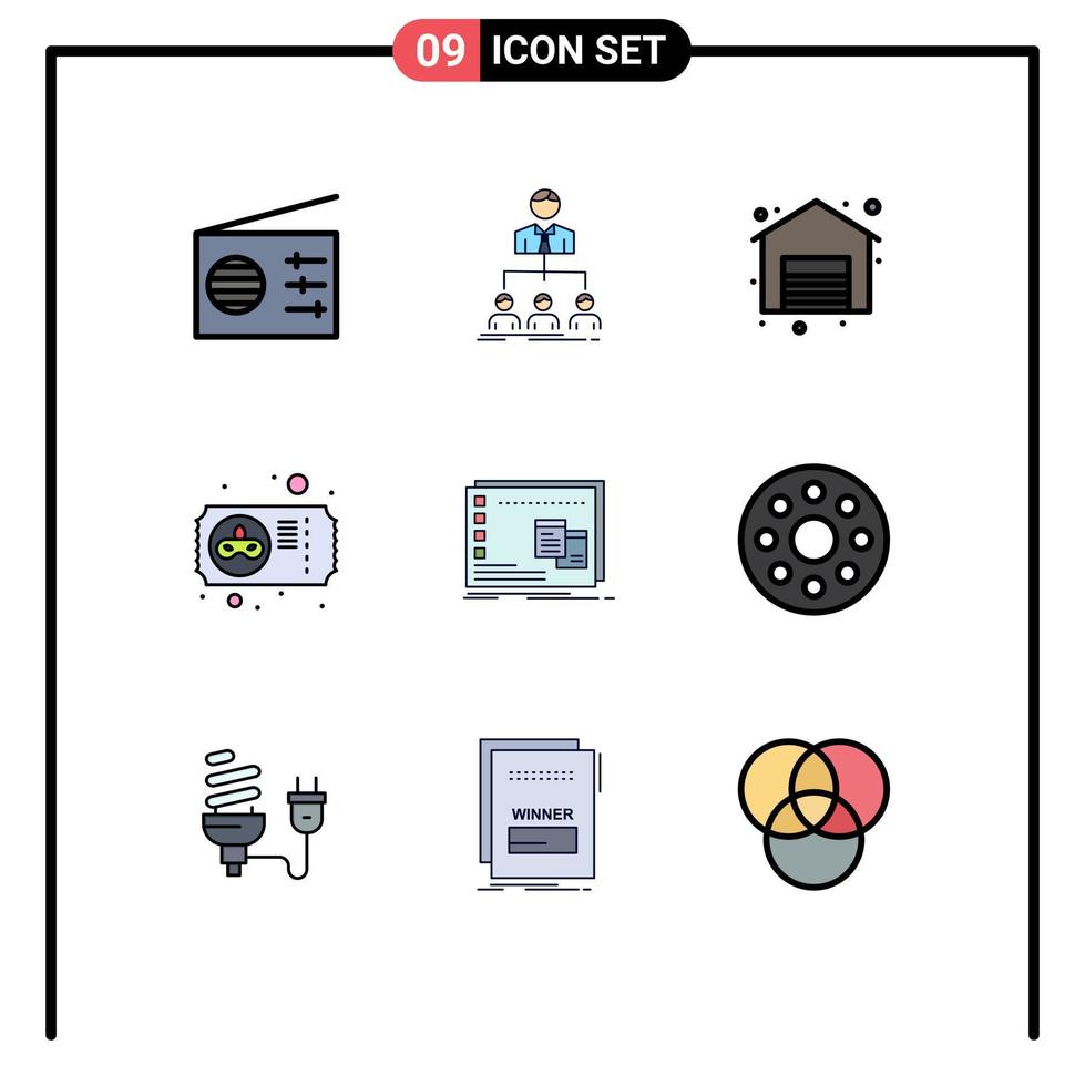 9 interface utilisateur ligne remplie pack de couleurs plates de signes et symboles modernes du billet de magasin de fenêtre opérationnel mardi gras éléments de conception vectoriels modifiables vecteur