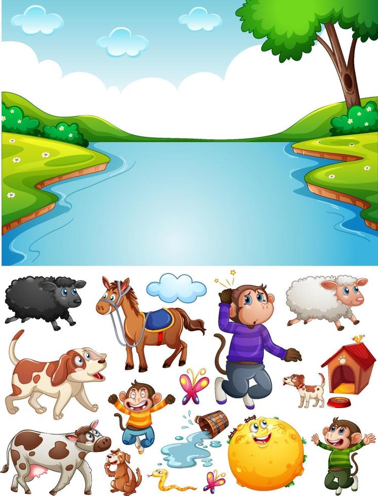 scène de rivière vierge avec personnage et objets de dessin animé isolés vecteur
