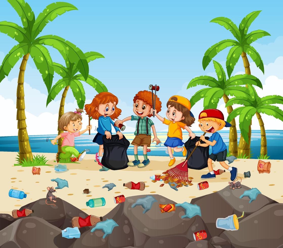 un groupe d'enfants bénévoles nettoyant la plage vecteur